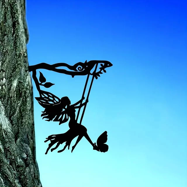 CIFBUY Metall-Wandkunst Schaukel-Elf auf Ast in Schwarz als Außenstatue für Garten, Hof und Terrasse - Bild 1