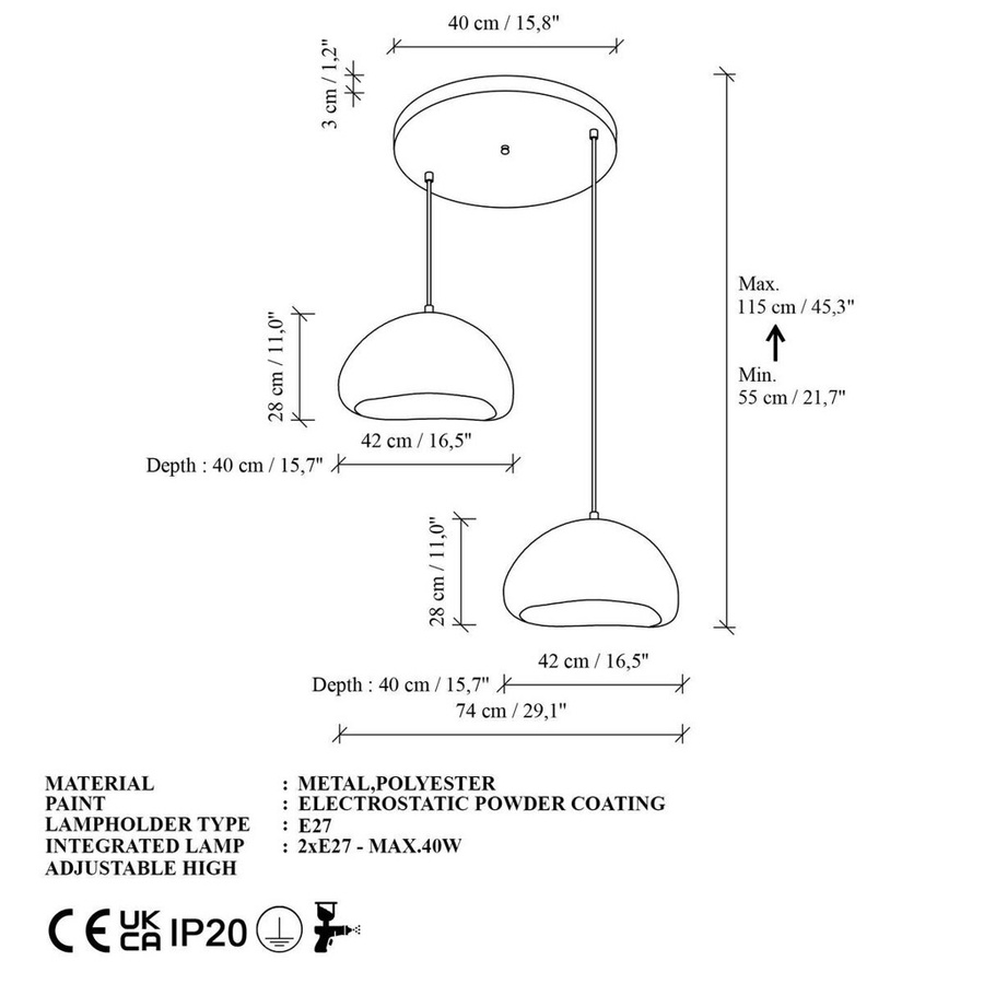 Opviq Pendelleuchte weiß aus Metall und Fiberglas mit 2 E27 Fassungen, B/T/H: 42 x 40 x 42 cm - Bild 4