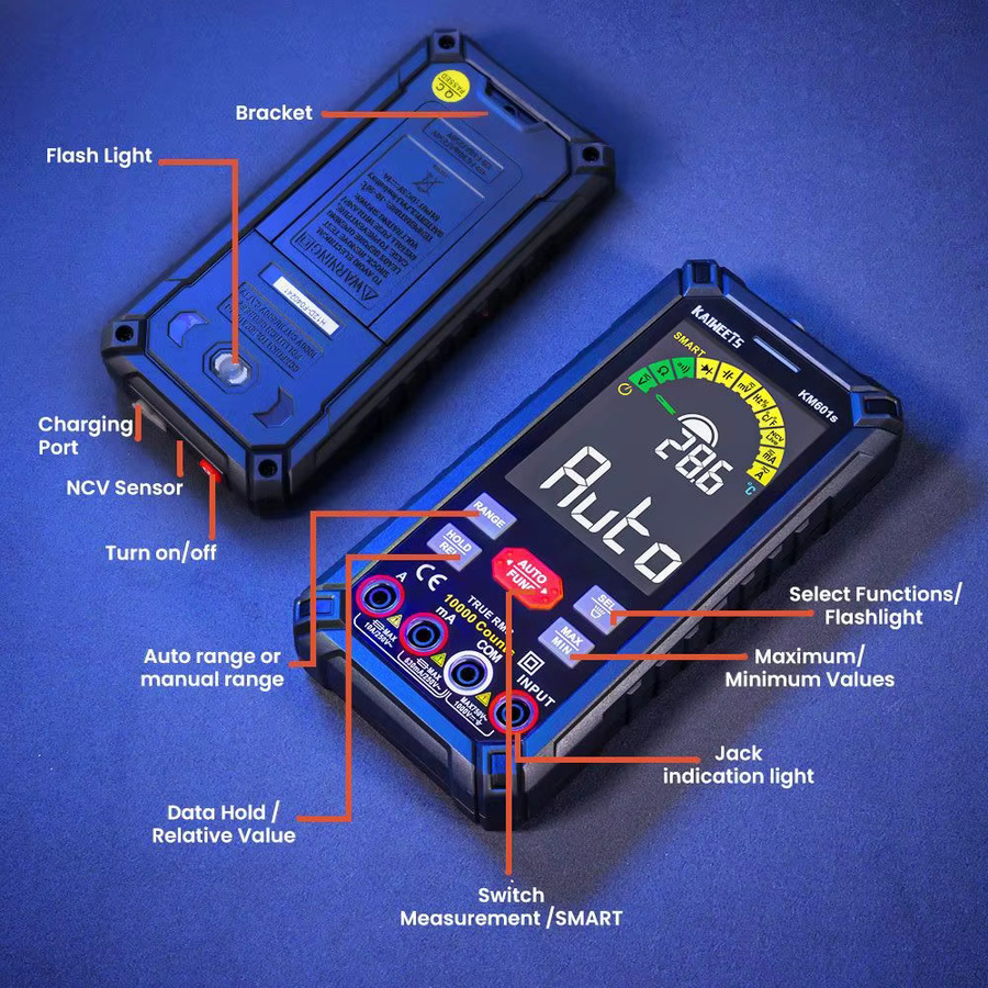 KAIWEETS KM601S Digitalmultimeter in Schwarz mit 10.000 Zählungen, True-RMS, Smart Mode, manuellem Modus und integrierter Taschenlampe - Bild 3