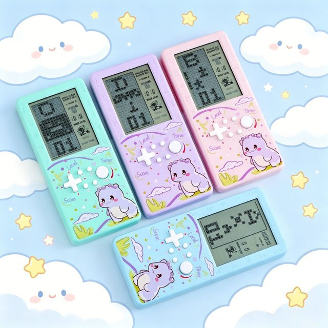Tragbare Tetris Brick Spielkonsole mit Dinosaurier-Muster in Pink und Multicolour für unterwegs - Bild 1