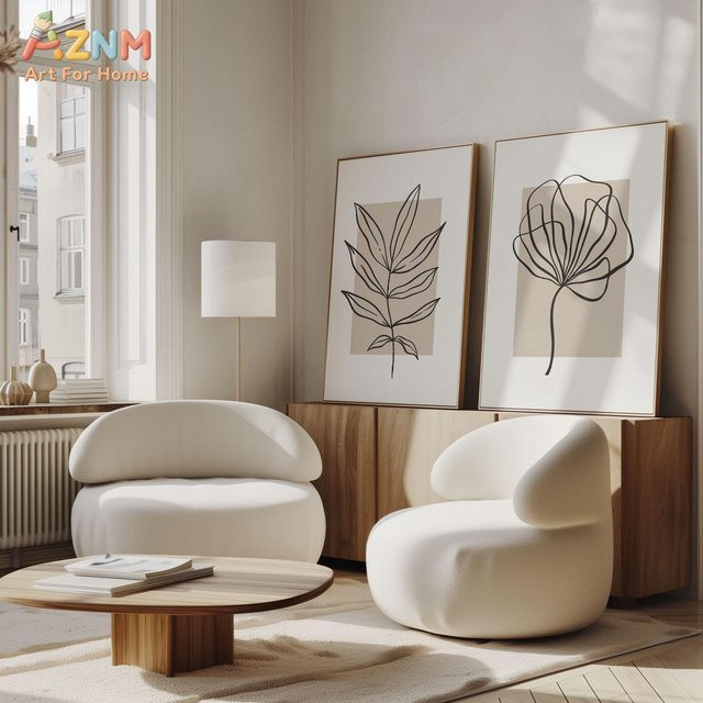 AZNM Minimalistischer Botanik-Leinwanddruck mit Linienkunst in Beige und Schwarz, ungerahmte moderne Wandkunst mit Blumen- und Blattmotiven im Boho-Stil - Bild 1
