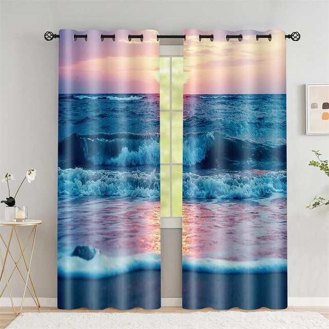 Yiran Furniture Verdunkelungsvorhang Hawaiianische Strandszene mit Kokospalmen und Küste, Blau, B: 50 cm, H: 60 cm, 2 Stück - Bild 1
