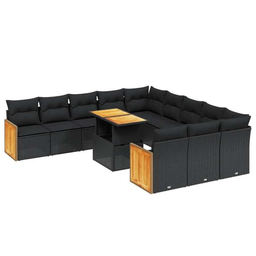 vidaXL 11-teilige Garten-Sofagarnitur in U-Form aus Polyrattan und Akazienholz mit Kissen in Schwarz - Bild 2