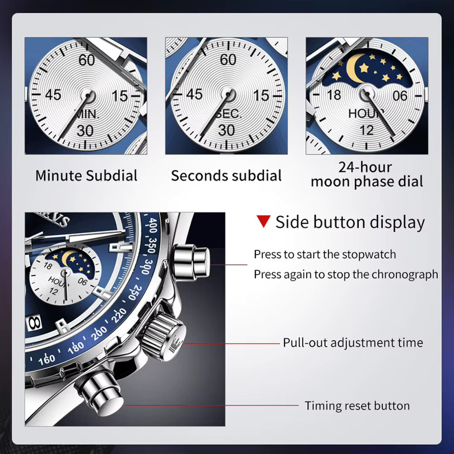 OLEVS Armbanduhr Chronograph, Quarz, Edelstahl, Blau, Herren - Bild 6