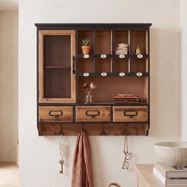 Wandregal MCW Q26 Garderobe im Vintage Shabby Stil aus Tannenholz mit Schublade und Haken, Braun, B: 70 cm, H: 72 cm, T: 17 cm - Bild 1