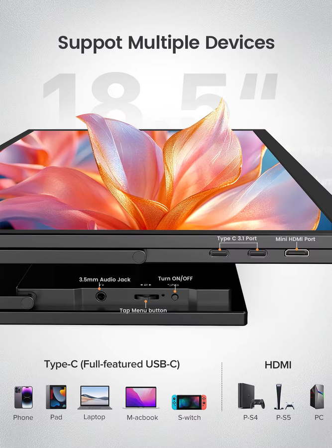 UPERFECT Tragbarer Monitor mit Touchscreen 18,5 Zoll 120 Hz in Schwarz mit VESA und 180 Grad verstellbarem Ständer für Laptop PC Mac Switch PS5 iPhone HUAWEI - Bild 3