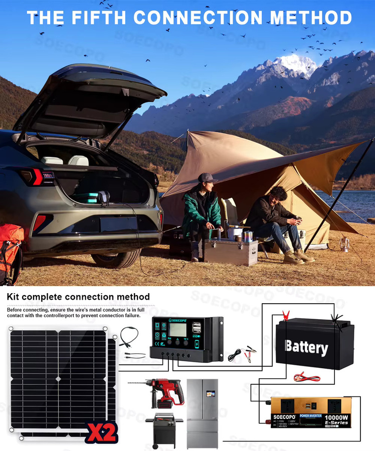 SOECOPO Solarsystem-Kit mit 2x300W Solarmodulen, 10000W Peak, Wechselrichter AC 110V/220V und 100A Laderegler, Schwarz - Bild 4