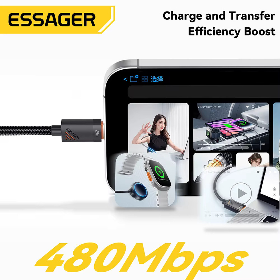 Essager USB-C auf Lightning Kabel PD 29 W Schnellladegerät für Apple iPhone, geflochten, Schwarz, Länge: 1,8 m - Bild 5