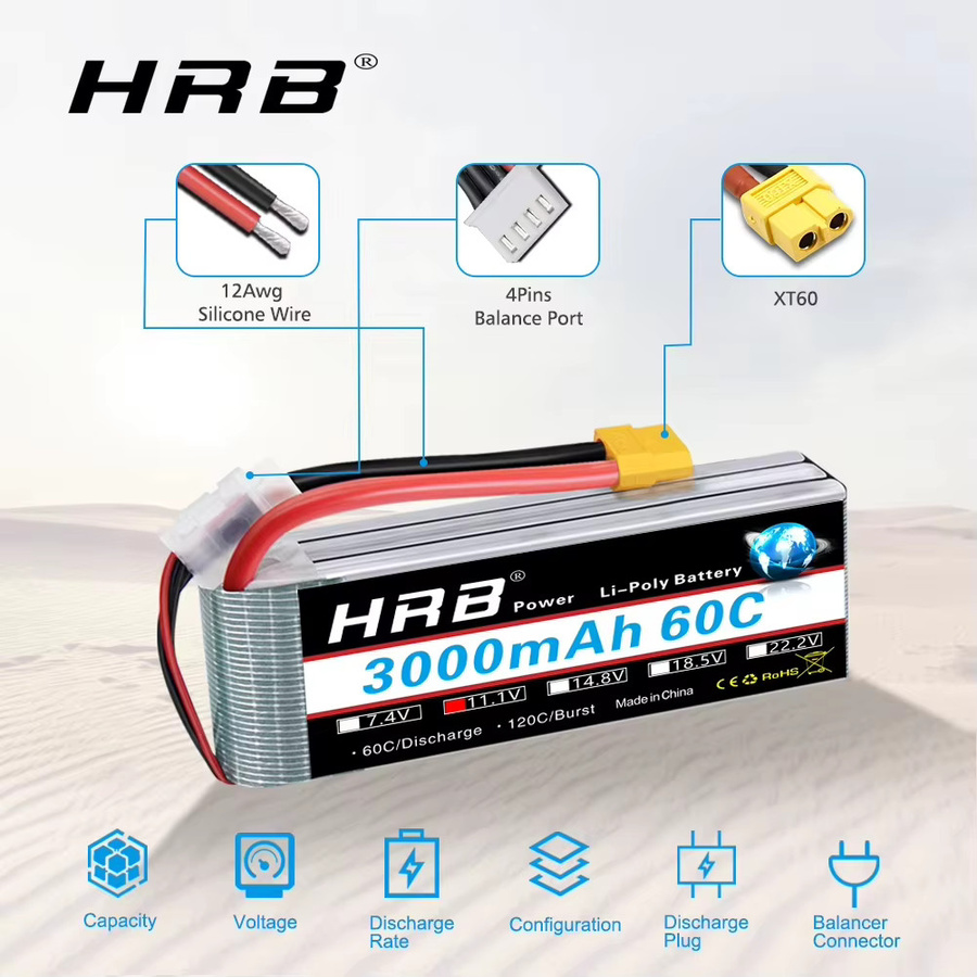 HRB 3S LiPo Batterie 11,1 V 3000mAh 60C mit XT60 Anschluss für RC FPV Flugzeuge, Drohnen, Racing-Boote und Autos - Bild 3