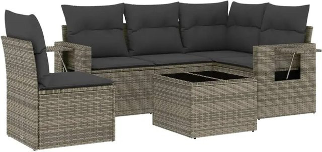 vidaXL 6-teilige Garten-Sofagarnitur in L-Form aus grauem Poly-Rattan mit Kissen und pulverbeschichtetem Stahlgestell - Bild 1