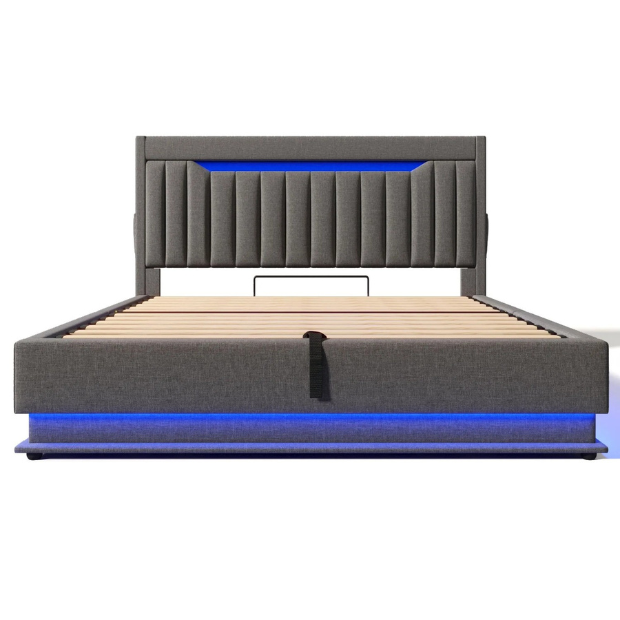 okwish Polsterbett Grau mit USB-Anschluss, LED-Beleuchtung und Bettablage B/T/H: 140 x 190 x 112 cm - Bild 2