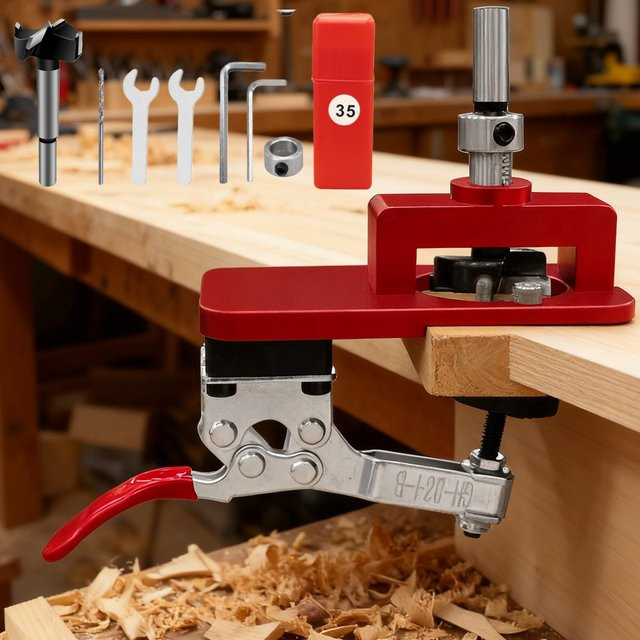 GDART Scharnierlehre aus Aluminium für 35 mm verdeckte Scharniere, Lochöffner-Schablone für präzises Bohren in Holz und Schränken, Rot - Bild 1