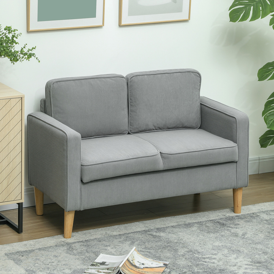 HOMCOM 2-Sitzer Sofa mit Cordoptik und Stauraum, modernes Polstersofa mit Kissen und Holzbeinen, Hellgrau, B: 117 cm, T: 63 cm, H: 79 cm - Bild 2