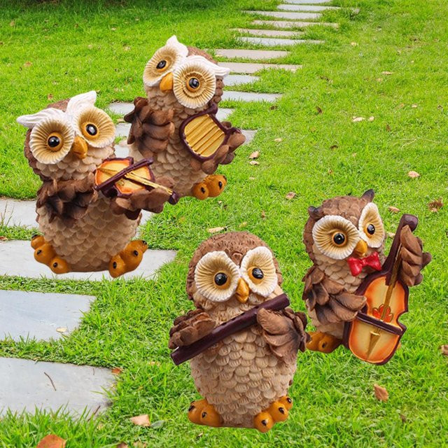 4er-Set Musikspielende Eulen-Statuen aus Kunstharz in Braun zur Dekoration für Garten und Hof - Bild 1