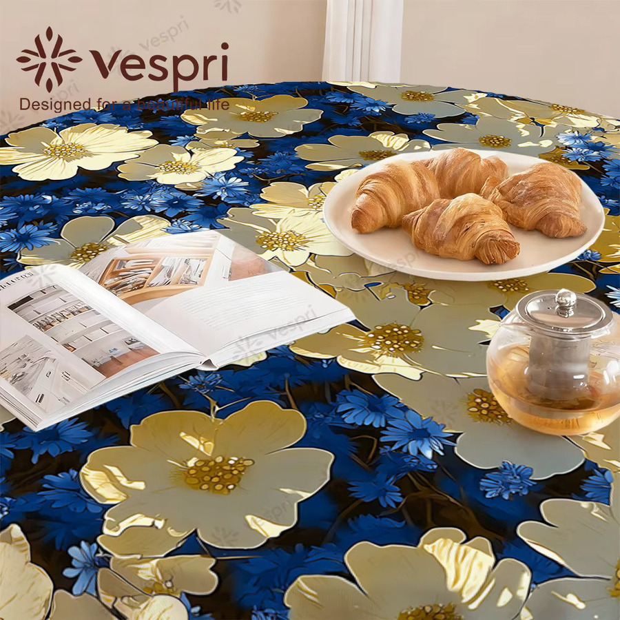 Vespri Oster-Tischdecke mit Frühlings-Blumenmuster in Blau, Schwarz und Gelb aus Polyester, Rund - Bild 3