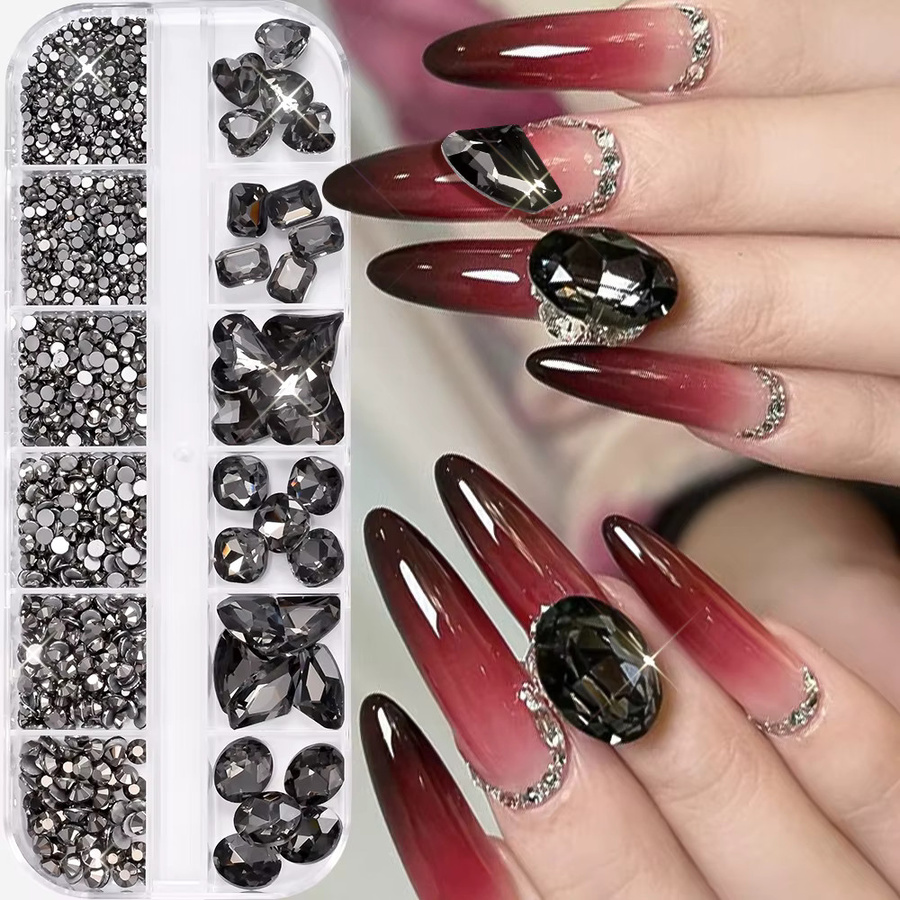 Nail Art Strasssteine Schwarz, Glänzend, Herz Runde Quadratische Steine - Bild 3