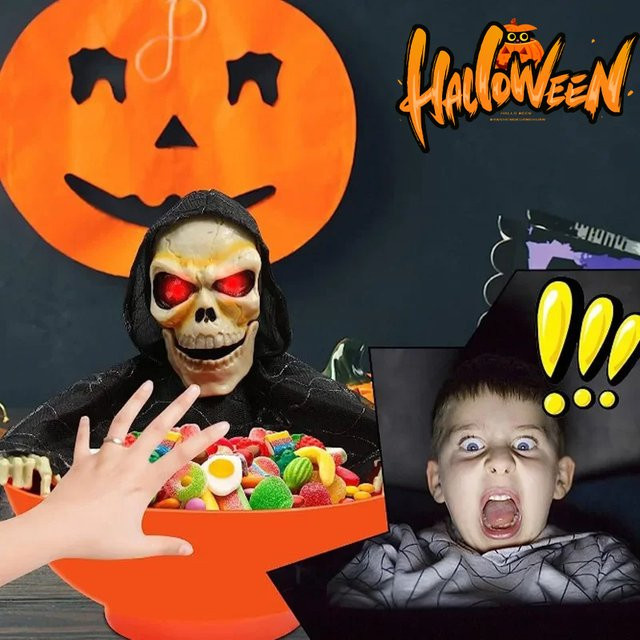 Interaktive Halloween Skelett Candy Bowl mit Sprachsteuerung und Bewegungssensor für deine Party Dekoration in Rot und Orange - Bild 1