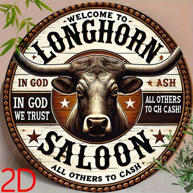 Potdemiel Vintage Metall-Wandblechschild Longhorn Bar Cowboy Spirit Art, rundes Western-Dekor, Mehrfarbig, Durchmesser: 20,32 cm - Bild 1