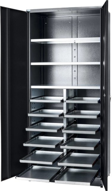 Küpper Materialschrank aus Stahl mit 2 Türen und 12 Schubladen, Schwarz-Hellgrau, H x B x T: 204 x 91 x 53 cm - Bild 1