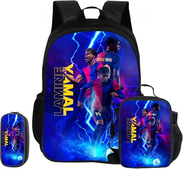 3-teiliges Kinderrucksack Set L-Lamin Yamal Fußballstar von Fancy Style Studio in Schwarz und Multicolour mit Federmäppchen, Tasche und Brotdose - Bild 1