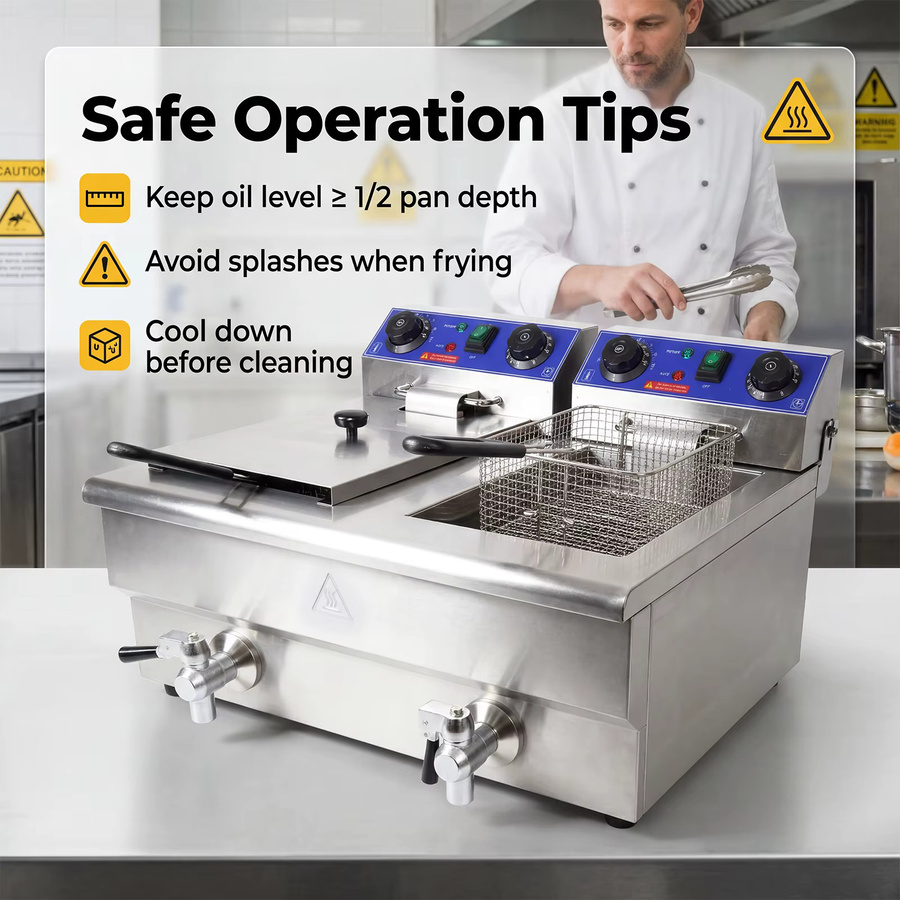 Podofo Elektrische Doppel-Fritteuse aus Edelstahl mit 3000W Leistung, 20L Volumen und automatischem Timer, Silber - Bild 3