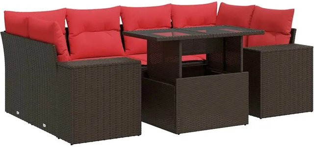 vidaXL 7-teilige Garten-Sofagarnitur in L-Form aus braunem Poly-Rattan mit Polsterkissen und pulverbeschichtetem Stahlgestell - Bild 1