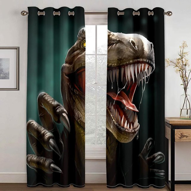 Yiran Furniture Dinosaurier Fenstervorhänge mit Grafik-Design, 2er-Set, halbtransparent, Polyester, Mehrfarbig, B: 50 cm, H: 130 cm - Bild 1