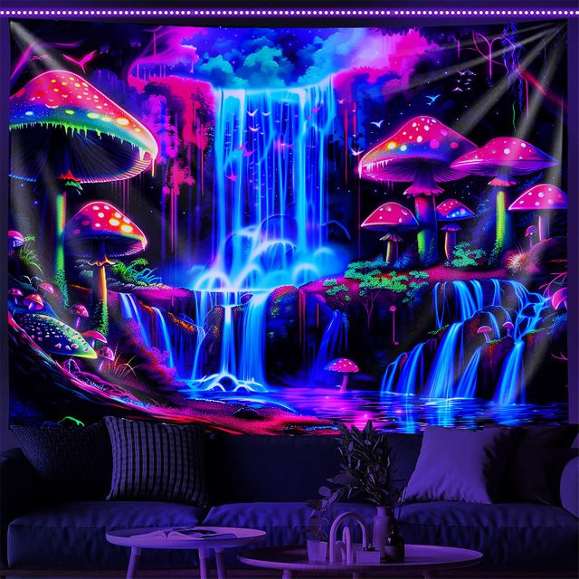 VIKAMA Wandteppich Pilzwald mit schwarzem Licht in Schwarz und Multicolour, dekorativer Wandbehang im Boho-Stil für Wohnzimmer und Schlafzimmer, Breite: 60 cm, Höhe: 40 cm - Bild 1