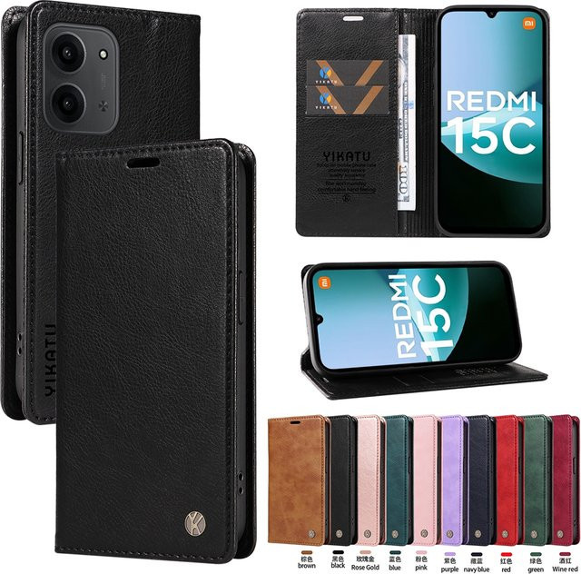 Xiaomi Magnetische Flip-Lederhülle Premium Litchi Stria für Redmi 15 15C 14C 13 13C 12 12C 10 Prime 10C 10A 9A 9C A5 A3 A1 Plus in Schwarz - Bild 1