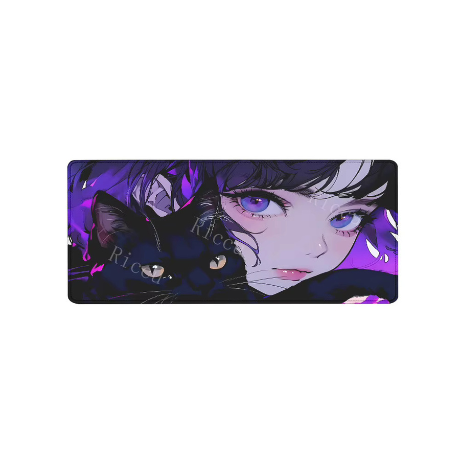 Riccu Gaming-Mauspad XXL mit schwarzer Katze in Schwarz und Multicolour, rutschfeste Schreibtischunterlage im Kawaii-Design - Bild 5