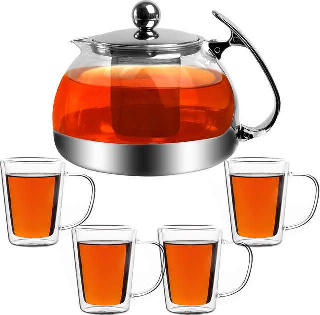 MONZANA Teekanne aus Glas mit 4 Teegläsern und Edelstellsieb, transparent/silber, 1,2 l - Bild 1