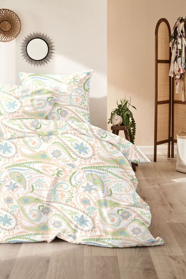 Primera Mako-Satin Bettwäsche aus Baumwolle mit Paisley-Muster in Grün, Blau und Beige, B/H: 135 x 200 cm und 80 x 80 cm - Bild 1
