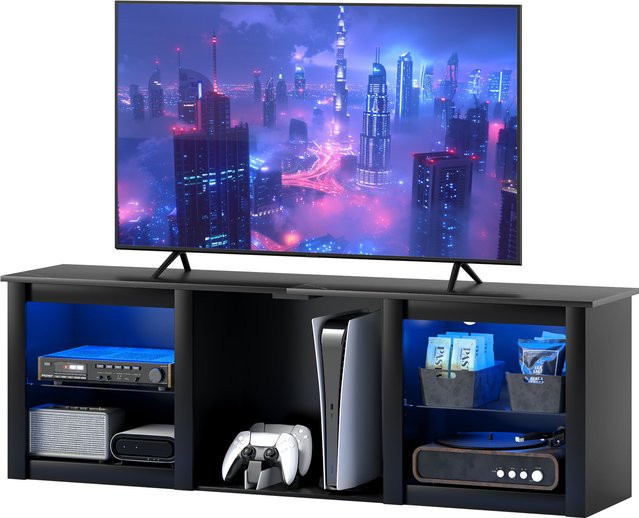Aosom HOMCOM TV-Möbel mit RGB-LED-Beleuchtung in Schwarz, Holz und Glas, passend für Fernseher bis 65 Zoll, mit 5 Fächern, verstellbaren Glastablaren und Kabeldurchführungen, B/T/H: 160 x 35 x 35 cm - Bild 1