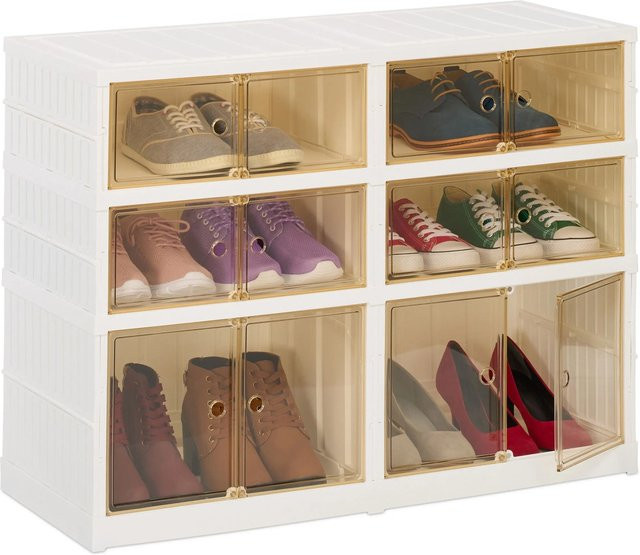 Relaxdays Schuhschrank aus Kunststoff mit Glastüren und Rollen, Weiß/Braun, B/H/T: 66,5 x 86,5 x 34,5 cm - Bild 1