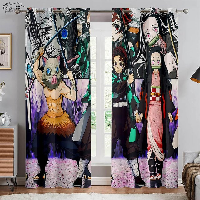 2er-Set Dekorative Anime Fenster Vorhänge mit japanischem Cartoon-Aufdruck, Lichtblockierend und Wärmeisolierend, Mehrfarbig, B: 100 cm, H: 130 cm - Bild 1