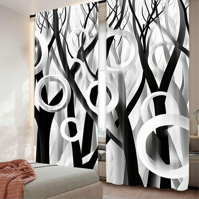 Tonnika Chen Vorhang Set mit geometrischem Kreisdruck in Schwarz-Weiß aus Polyester, 2 Stück, Breite: 100 cm, Höhe: 70 cm - Bild 1