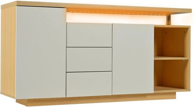 okwish Sideboard in Weiß mit LED-Beleuchtung, Türen, Schubladen und offenen Fächern, B/T/H: 140 x 40 x 70 cm - Bild 1