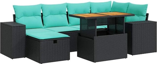 vidaXL 7-teilige Garten-Sofagarnitur aus Polyrattan und Akazie in Grau mit Kissen und Couchtisch - Bild 1