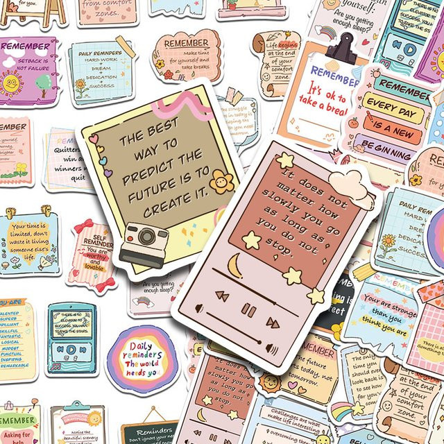 50 Stück motivierende englische Phrasen-Aufkleber in Multicolour für Laptop, Skateboard und DIY-Projekte - Bild 1