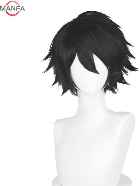 L Lawliet Cosplay Perücke, 30 cm, Schwarz, Synthetisches Haar, mit Perückenkappe - Bild 1