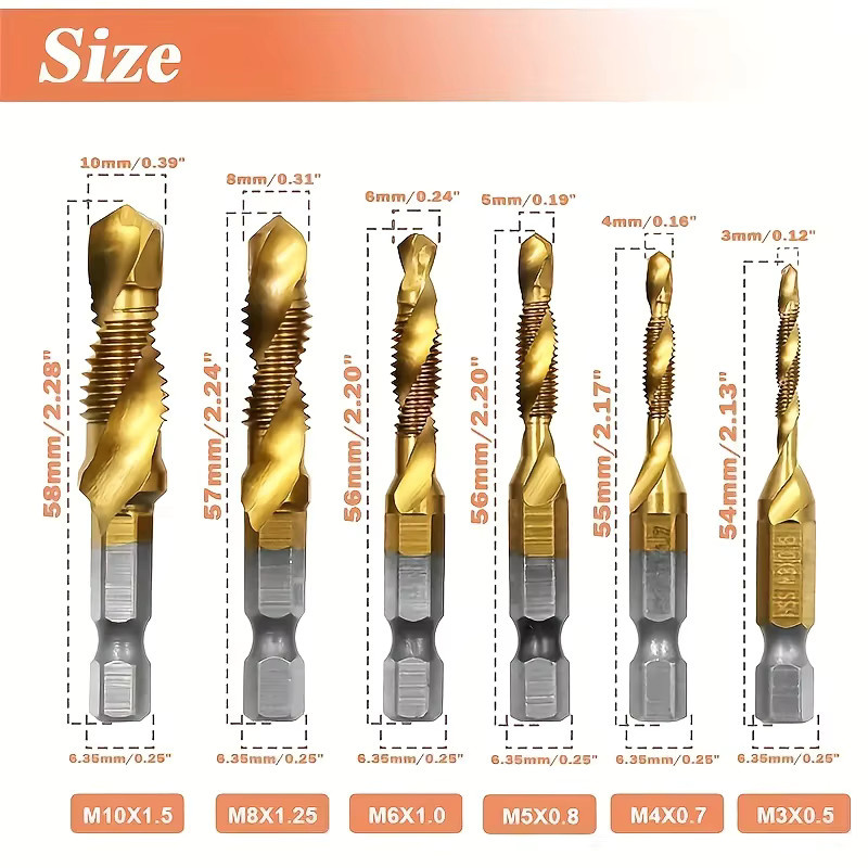 6-teiliges ZUOMU HSS Gewindebohrer-Set aus Edelstahl mit Titanbeschichtung in Gold - Bild 4