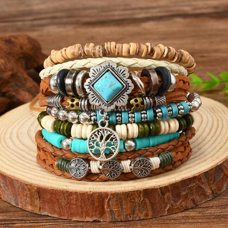 Armband Set Herren, Leder geflochten, Holzperlen, Stierschädel & Böser Blick Anhänger, Schwarz