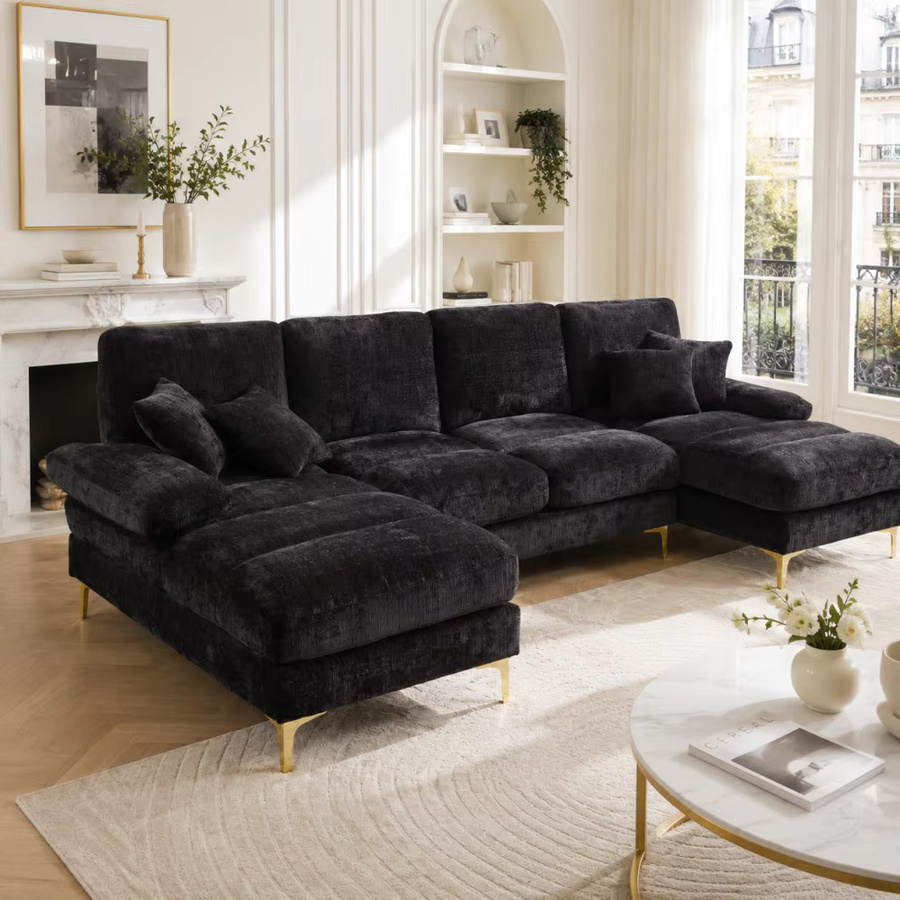 Ye Modernes U-förmiges Ecksofa aus Chenille in Schwarz mit zwei manuellen Relaxfunktionen - Bild 2