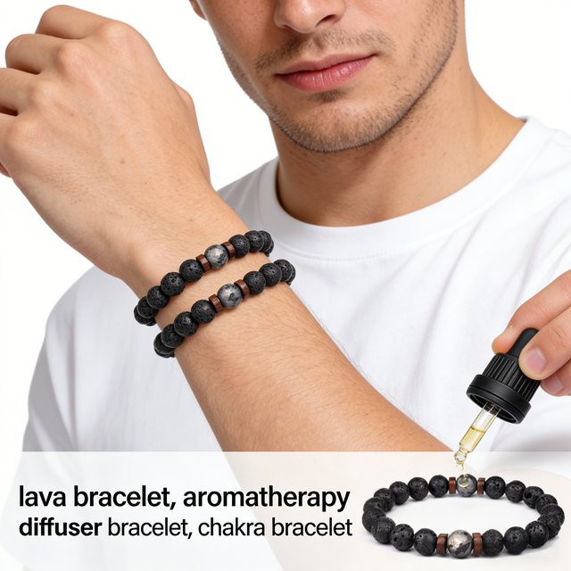 HOBBORN Armband, Mondstein-Perlen, Lavastein, Schwarz, Herren - Bild 1