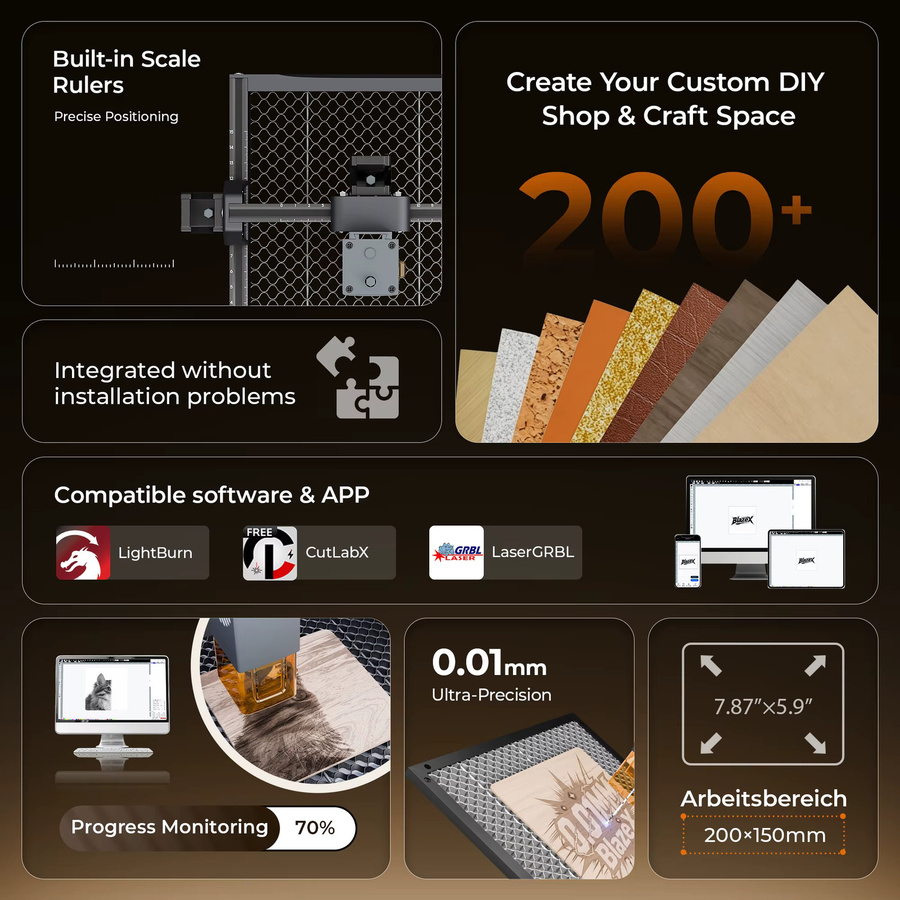 BlazeX M3 5W Laser-Graviermaschine Klasse 1 mit Wabenbett, Schutzgehäuse und Materialset für Holz, Metall, Glas und Leder - Bild 2