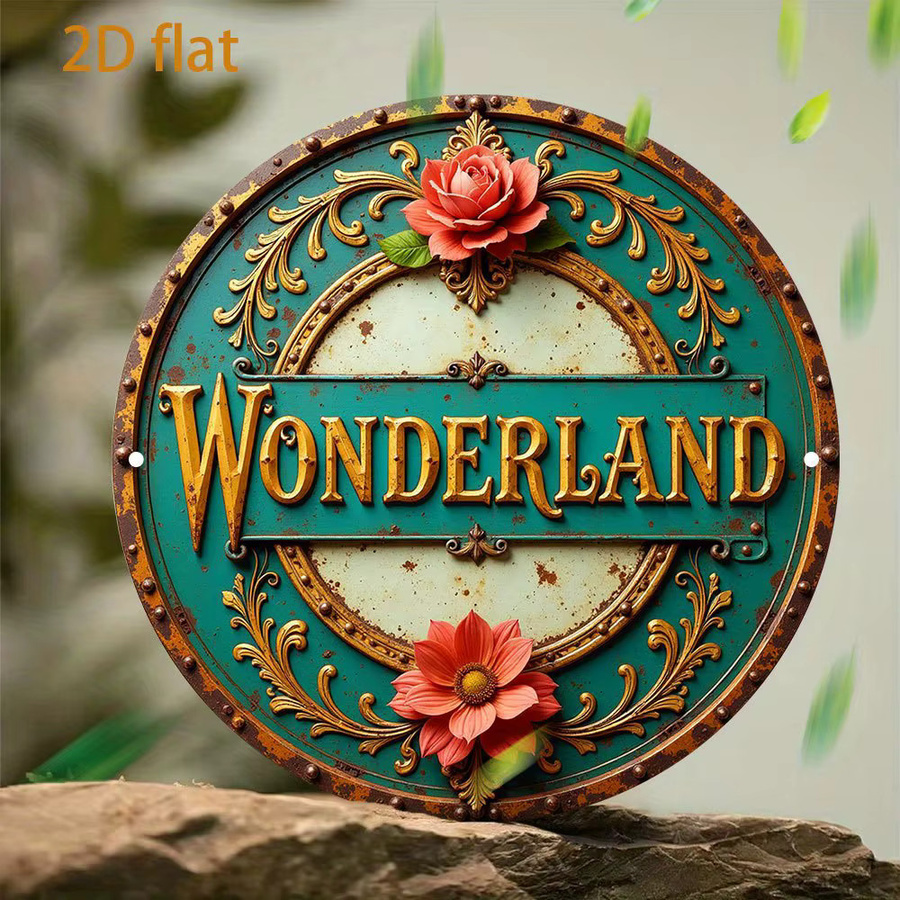 Potdemiel Welcome to Wonderland Vintage-Metallwandkunst, rundes Aluminiumschild mit goldenem Schriftzug und Blumenmotiv in Blaugrün, Durchmesser: 20 cm - Bild 3