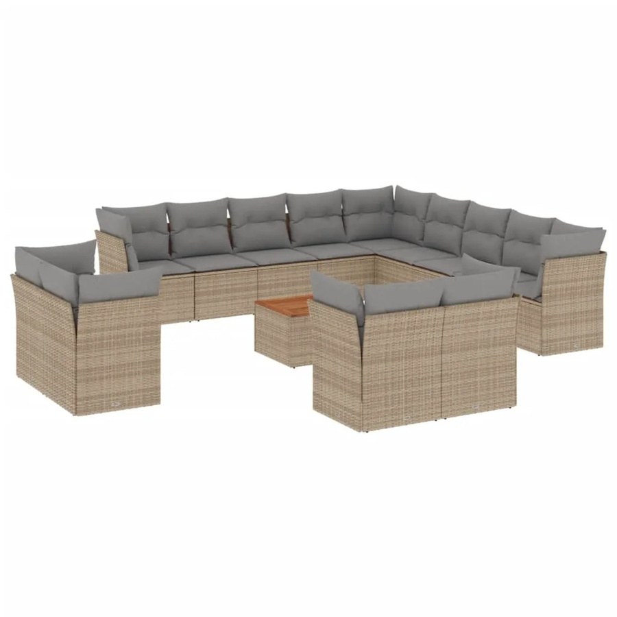 vidaXL 14-teilige Garten-Sofagarnitur in U-Form aus Polyrattan und Akazienholz mit Kissen in Beige - Bild 2
