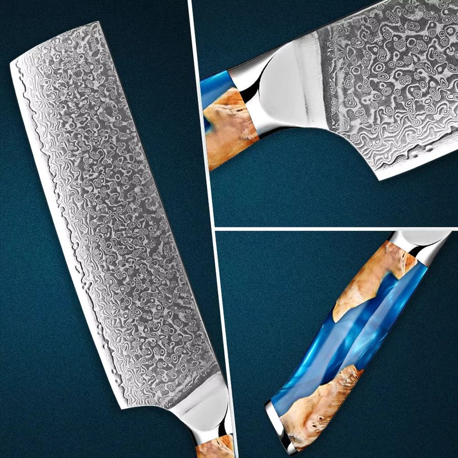 Xituo Japanisches Nakiri Gemüsemesser aus Damaststahl mit blauem Holzgriff, 17,78 cm - Bild 3
