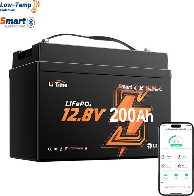 Litime 12V 200Ah LiFePO4 Batterie mit Bluetooth und Niedertemperaturschutz in Schwarz - Bild 1