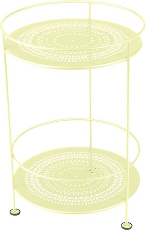 Fermob Guingütte Beistelltisch aus lackiertem Stahl in Gelb mit geometrischer Perforation